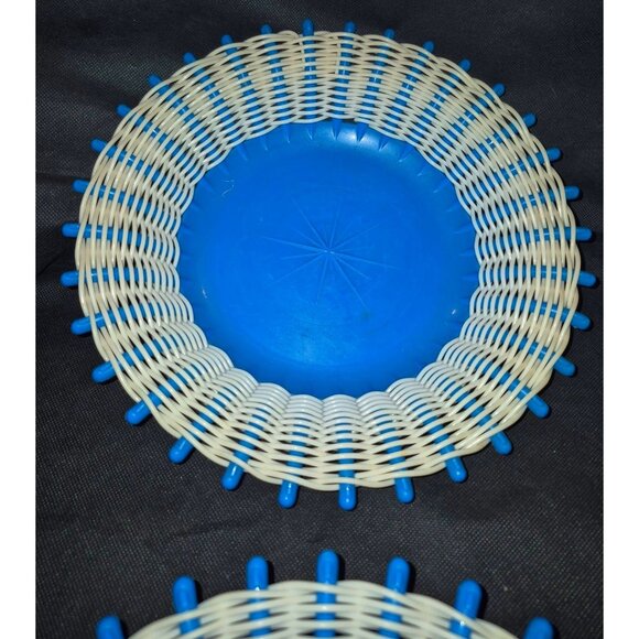 2 Blue White Woven Plastic Serving Baskets 60s MCM Atomic Star - Picture 5 of 10